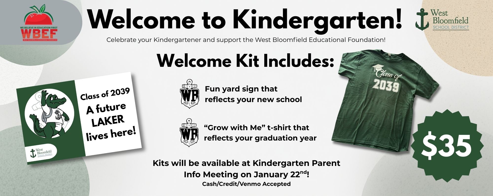 Banner welcoming new kindergarten families, featuring a Class of 2039 yard sign, graduation-year T-shirt, welcome kit details, and $35 price for purchase.